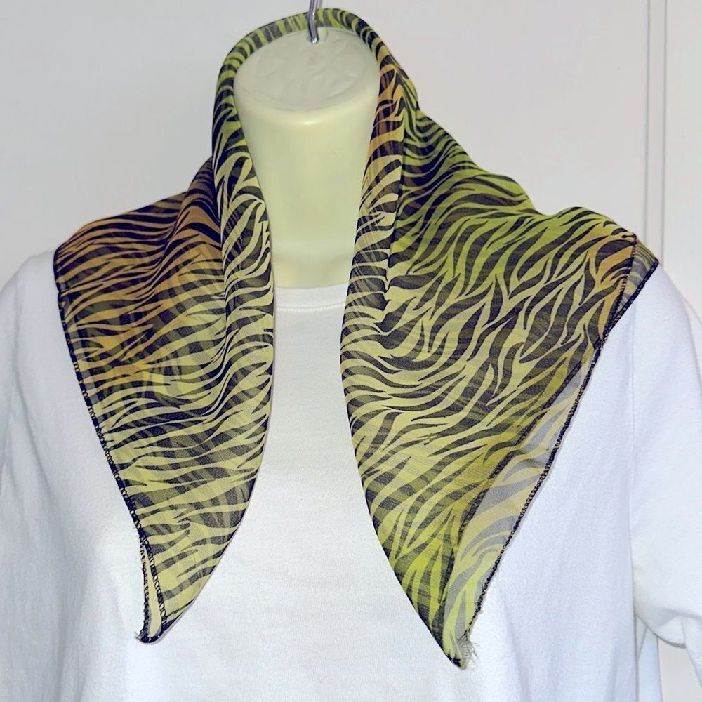 Green, orange & black animal print semi sheer polyester square scarf
